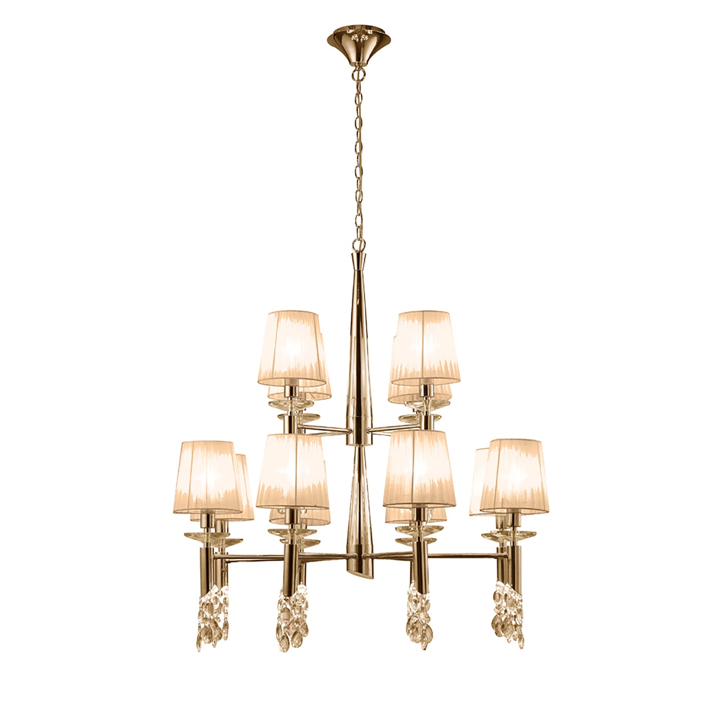 Tiffany Pendant 2 Tier 12+12 Light E14+G9, French Gold With Soft Bronze Shades & Clear Crystal by Mantra