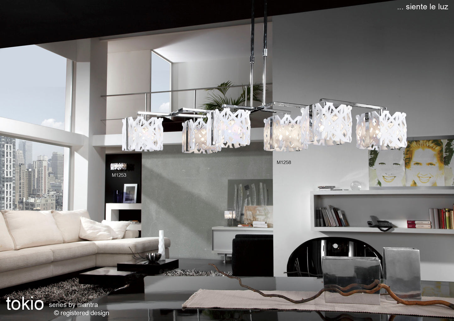 Tokio Rectangular Telescopic 6 Light G9 Line, Gloss White/Polished Chrome by Mantra