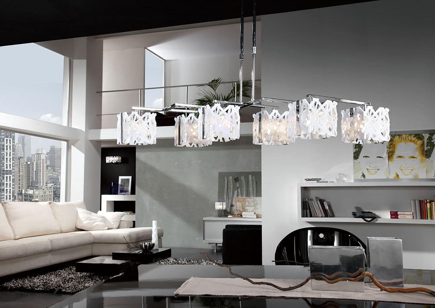 Tokio Rectangular Telescopic 6 Light G9 Line, Gloss White/Polished Chrome by Mantra