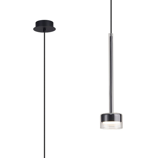 Tonic Pendant, 1 Light, With Replaceable 12W LEDs, 3000K, Chrome/Black/Clear Glass by Mantra