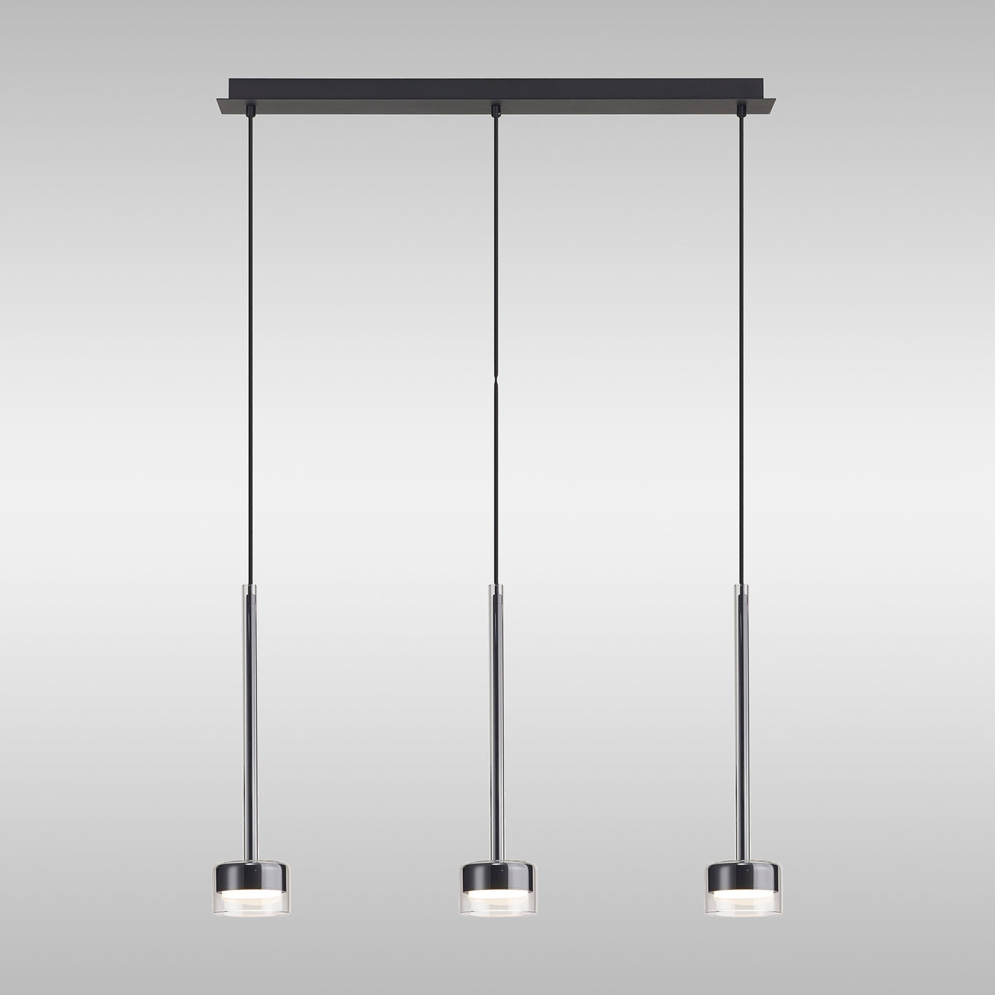 Tonic Linear Pendant, 3 Light, With Replaceable 12W LEDs, 3000K, Chrome/Black/Clear Glass by Mantra