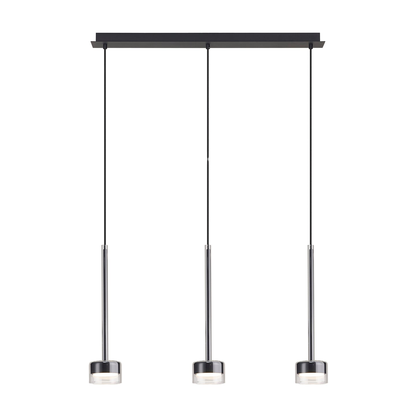 Tonic Linear Pendant, 3 Light, With Replaceable 12W LEDs, 3000K, Chrome/Black/Clear Glass by Mantra