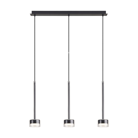 Tonic Linear Pendant, 3 Light, With Replaceable 12W LEDs, 3000K, Chrome/Black/Clear Glass by Mantra