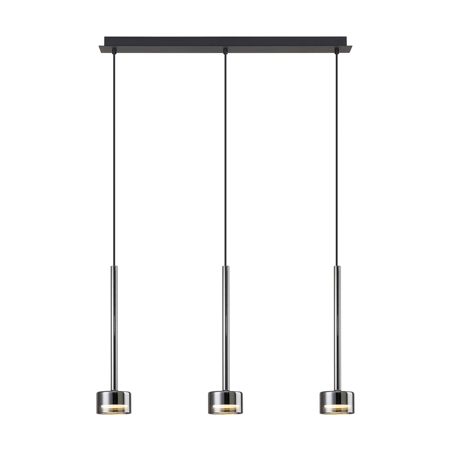 Tonic Linear Pendant, 3 Light, With Replaceable 12W LEDs, 3000K, Chrome/Black/Chrome Glass by Mantra