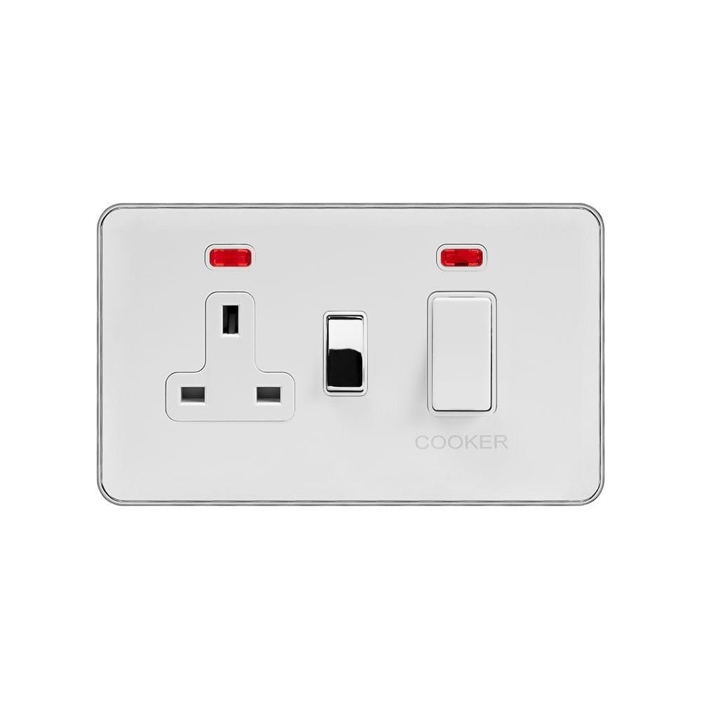 Soho Lighting White & Polished Chrome With Chrome Edge 45A Cooker Control Unit & Neon White Inserts Screwless