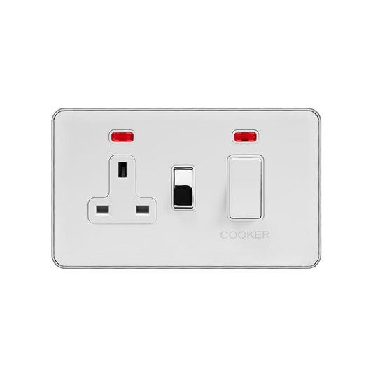 Soho Lighting White & Polished Chrome With Chrome Edge 45A Cooker Control Unit & Neon White Inserts Screwless