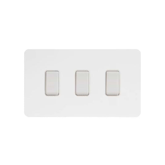 The Eldon Collection White Metal Flat Plate 10A 3 Gang Switch on Double Plate 2 Way Wht Ins 2 Way Screwless