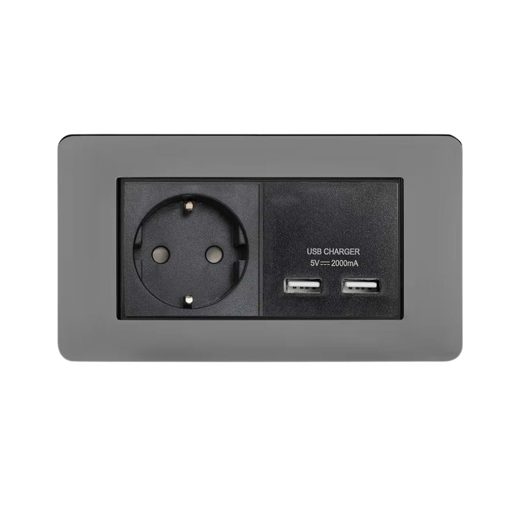 The Connaught Collection Black Nickel Flat Plate 2 Gang European Schuko Socket with USB Screwless
