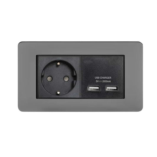 The Connaught Collection Black Nickel Flat Plate 2 Gang European Schuko Socket with USB Screwless