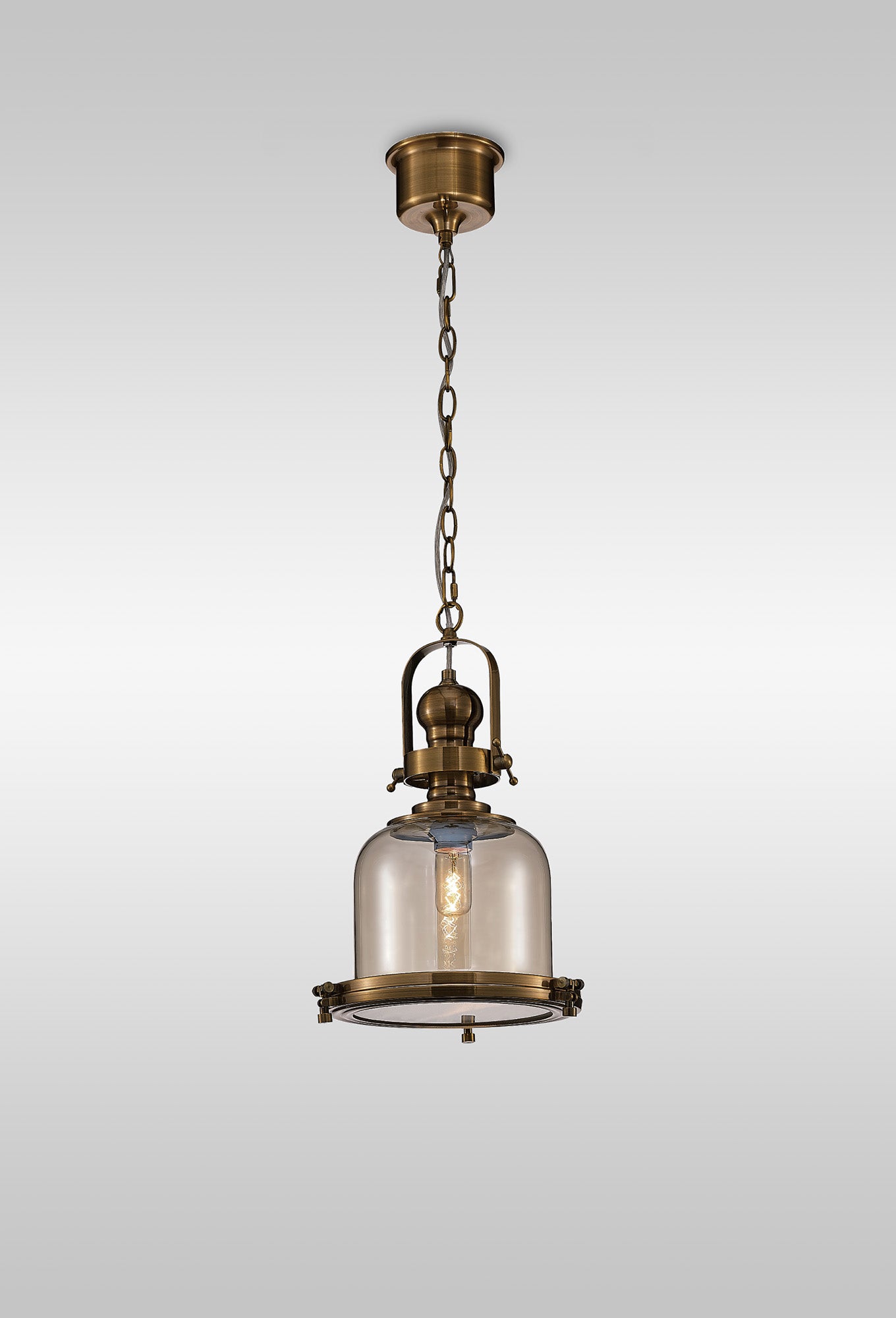 Vintage 26cm Bell Pendant, 1 Light E27, Antique Brass/Amber Glass by Mantra