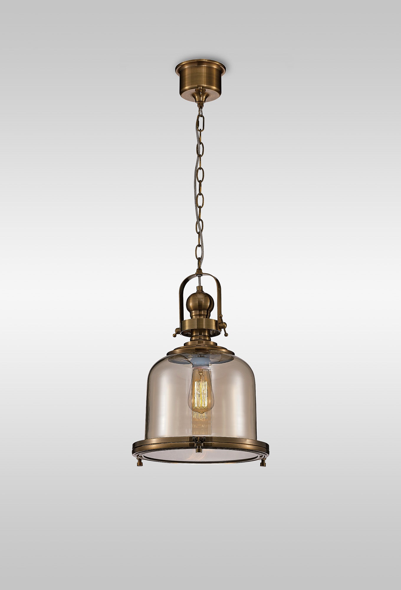 Vintage 33cm Bell Pendant, 1 Light E27, Antique Brass/Amber Glass by Mantra