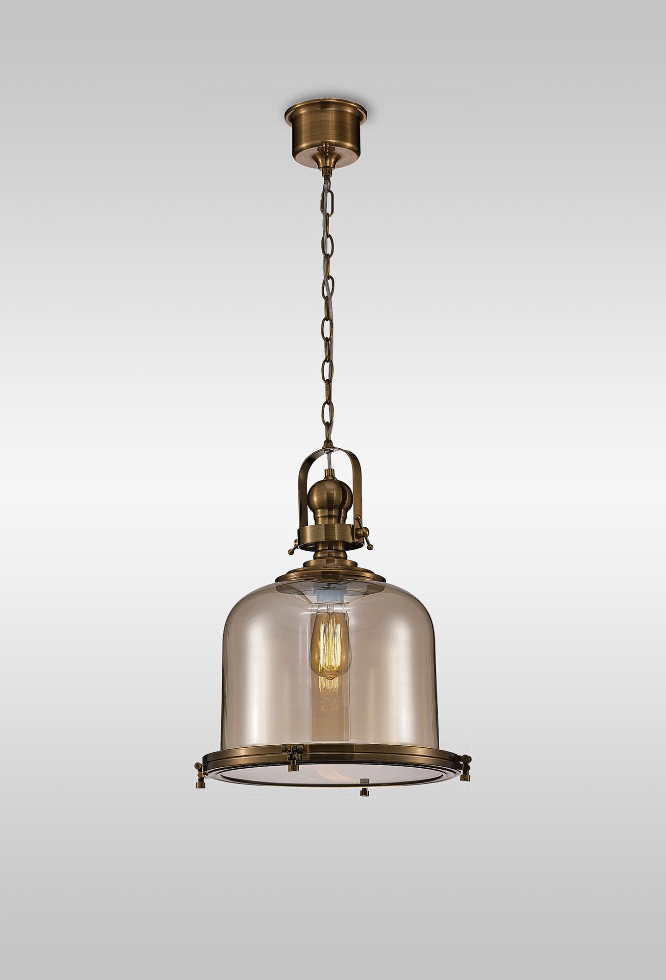 Vintage 38cm Bell Pendant, 1 Light E27, Antique Brass/Amber Glass by Mantra