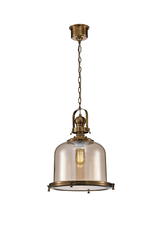 Vintage 38cm Bell Pendant, 1 Light E27, Antique Brass/Amber Glass by Mantra