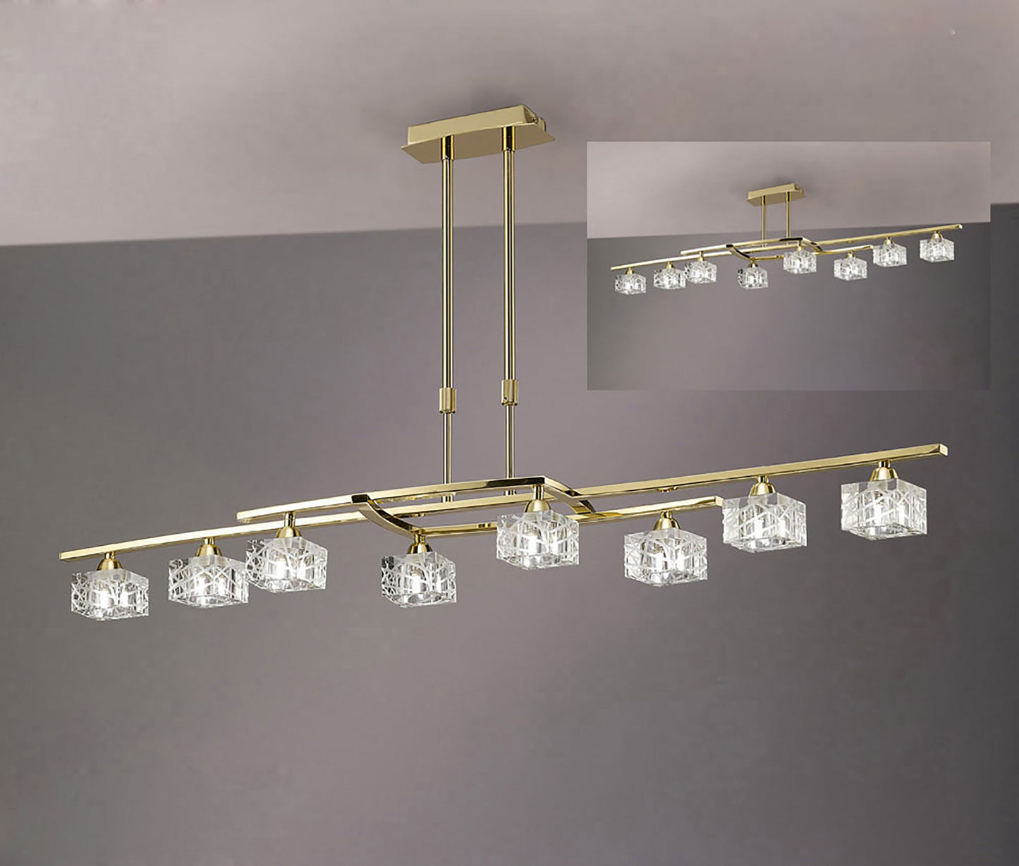 Zen Rectangular Telescopic Convertible To Semi Flush 8 Light G9, Polished Brass by Mantra