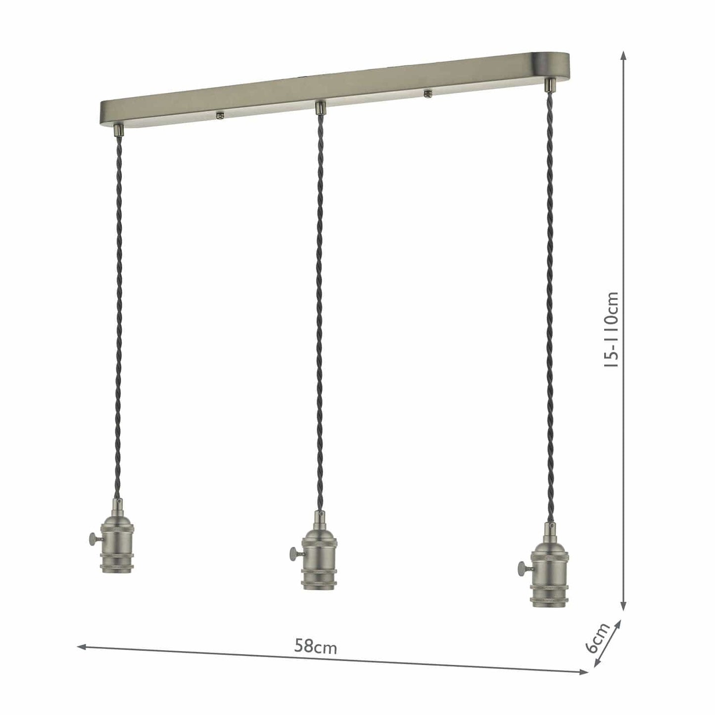 dar lighting 3 Light Bar Suspension Antique Chrome With Grey Cable SPB3661