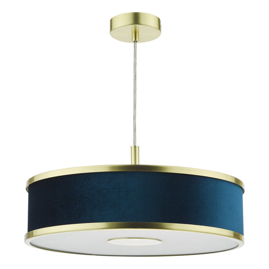 dar lighting Alvaro 3 Light Pendant Brushed Brass With Blue Shade ALV1023