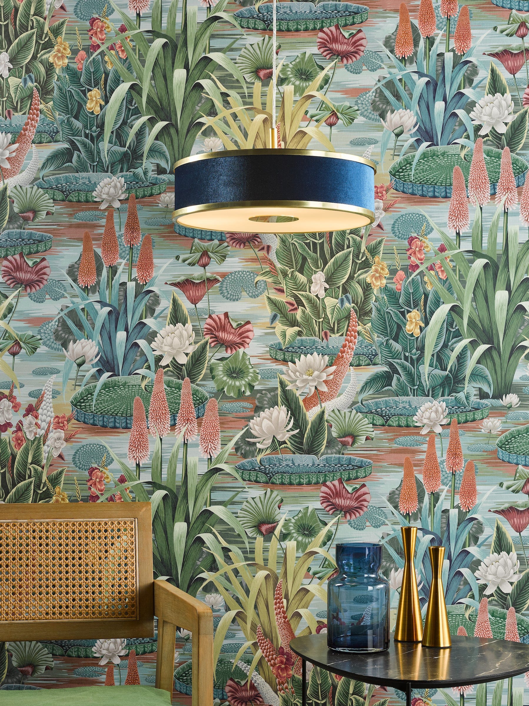 dar lighting Alvaro 3 Light Pendant Brushed Brass With Blue Shade ALV1023