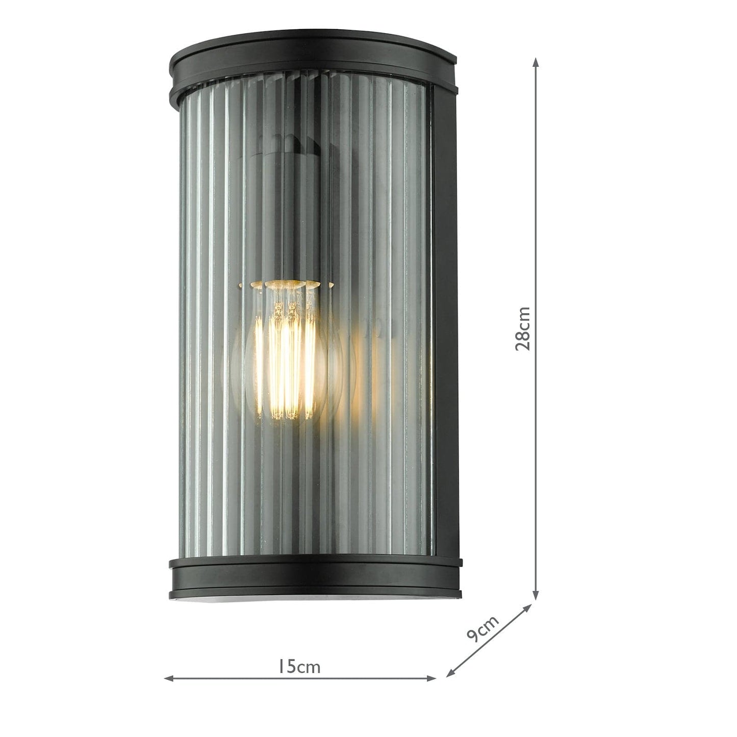 dar lighting Anund Bathroom Wall Light Matt Black Ribbed Glass IP44 ANU0722