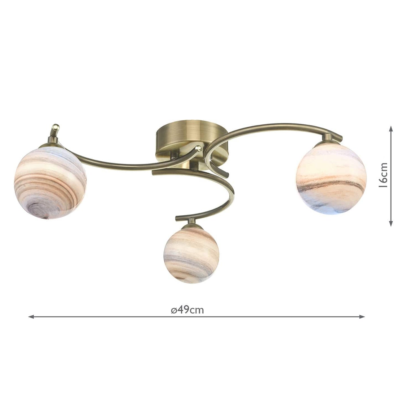 dar lighting Atiya 3 Light Semi Flush Antique Brass With Planet Style Glass ATI5375-07