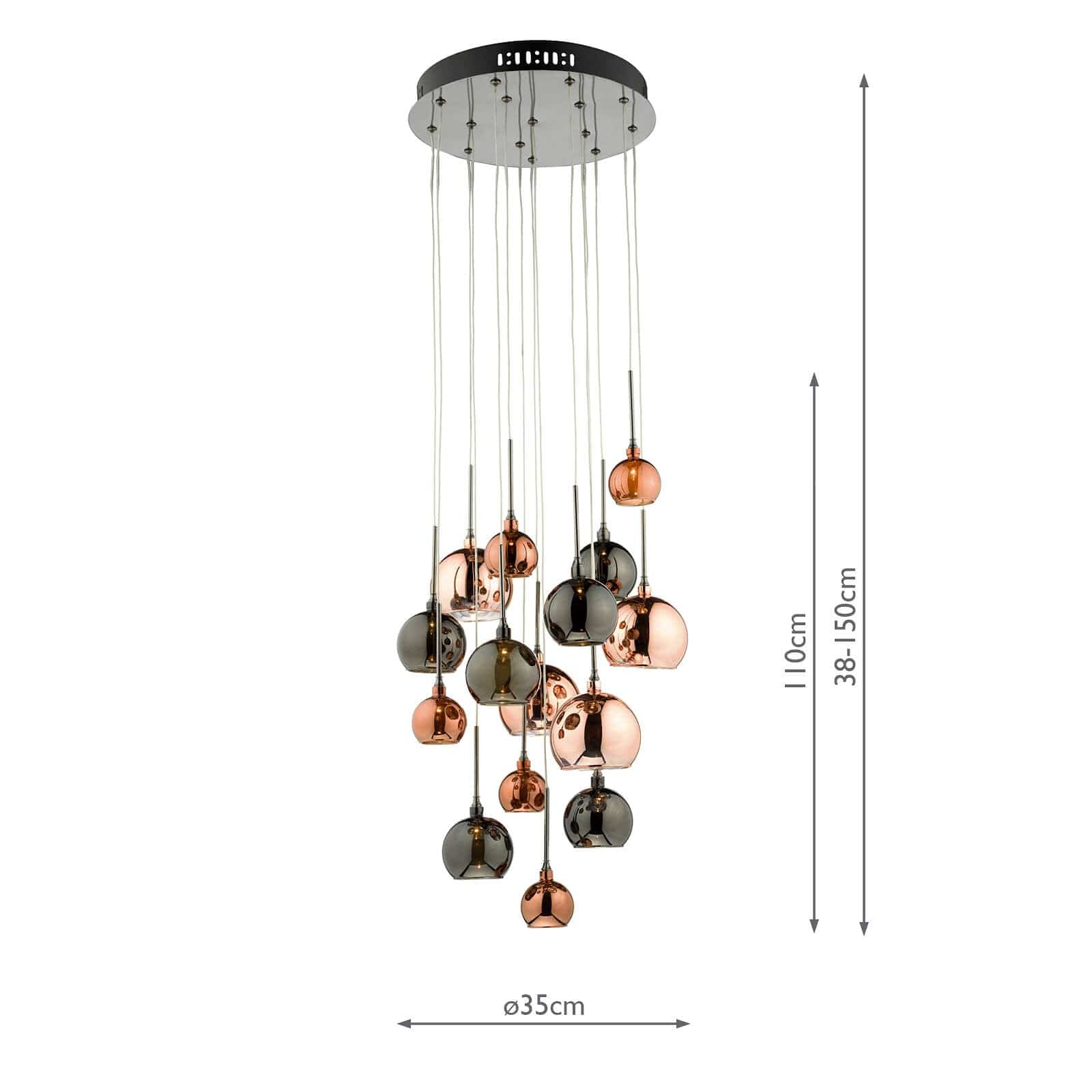 dar lighting Aurelia 15lt Cluster Pendant Black Chrome & Copper/Bronze Glass AUR1564