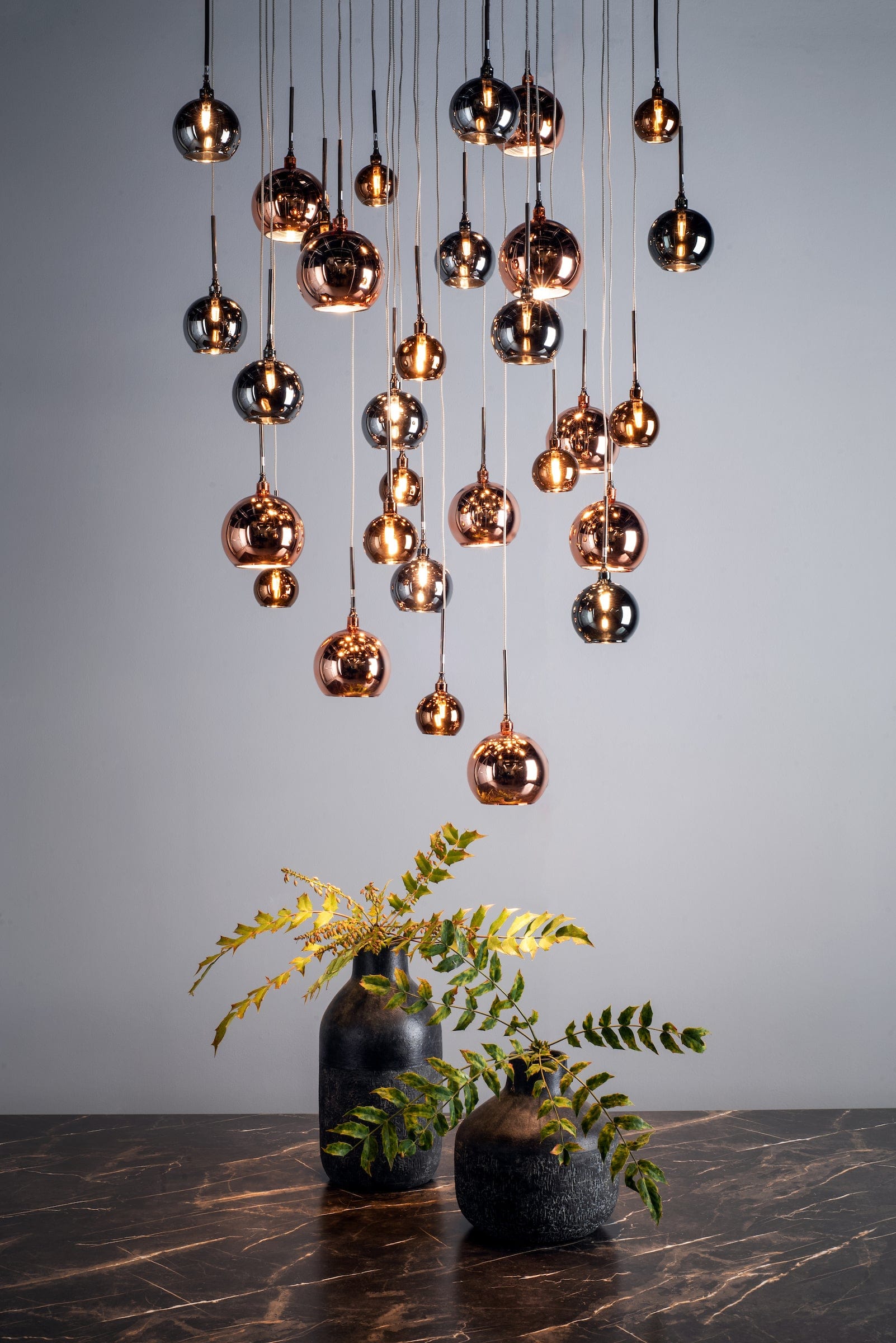 dar lighting Aurelia 30lt Cluster Pendant Black Chrome & Copper/Bronze Glass 3M Drop AUR3364