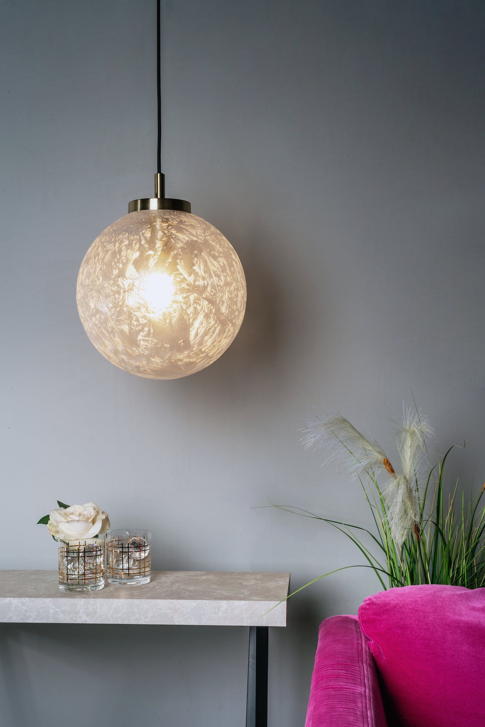 dar lighting Avari 1 Light Pendant Satin Brass And Clear Frosted Glass AVA0141
