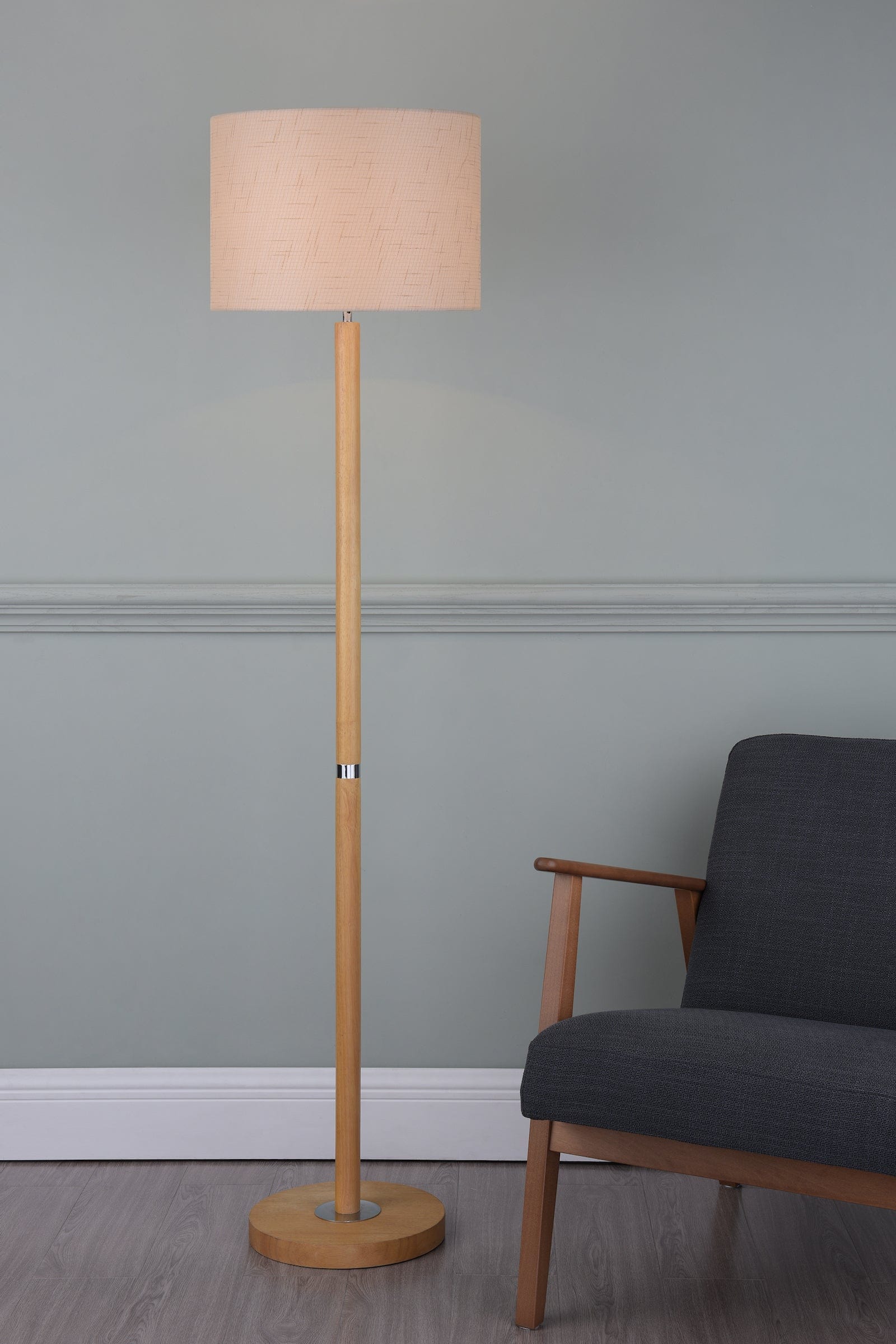 dar lighting Avenue Floor Lamp Light Wood Polished Chrome With Shade AVE4943
