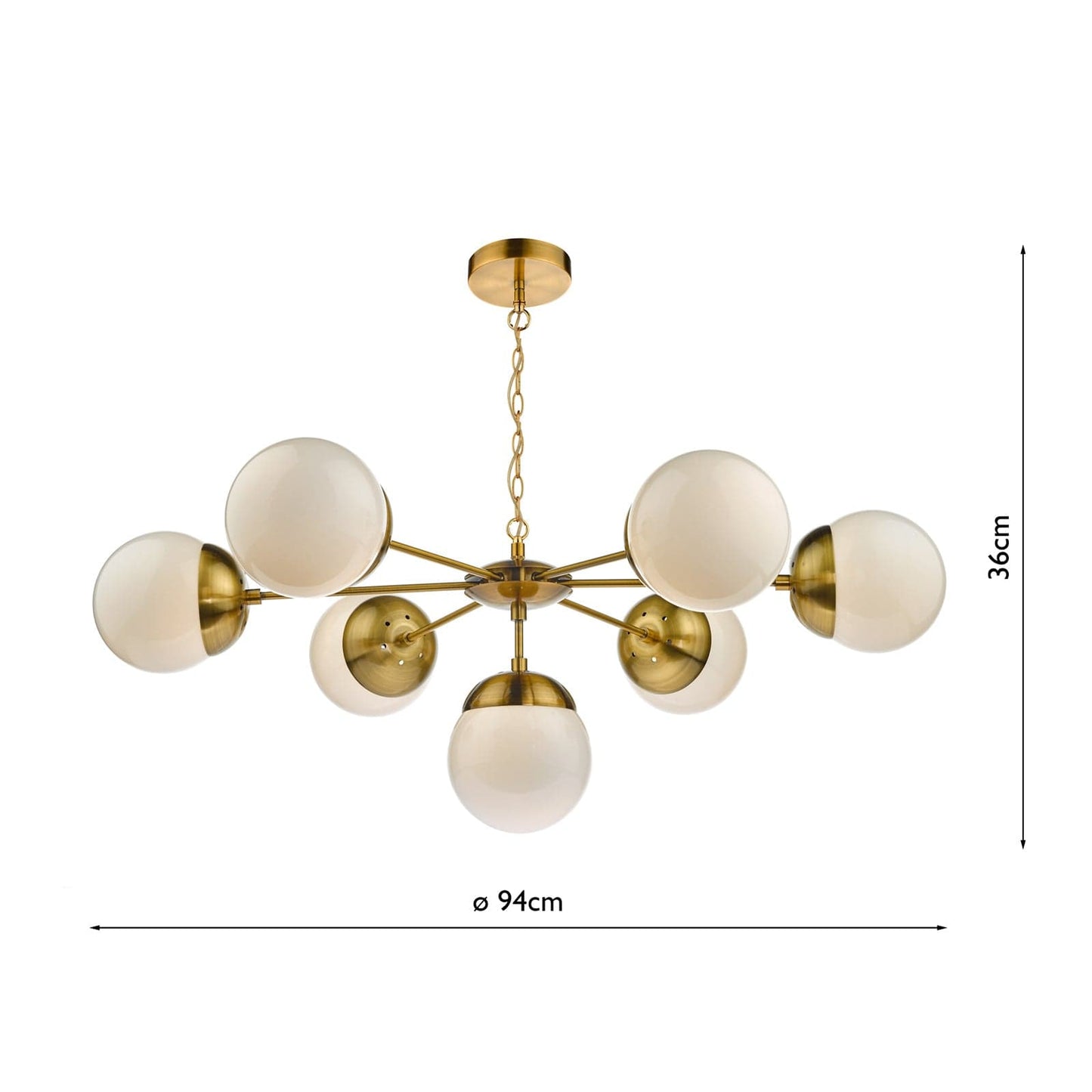 dar lighting Bombazine 7 Light Pendant Natural Brass & White Opal Glass BOM3435