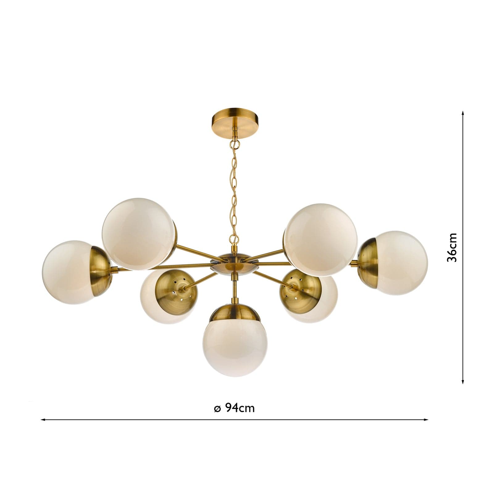 dar lighting Bombazine 7 Light Pendant Natural Brass & White Opal Glass BOM3435
