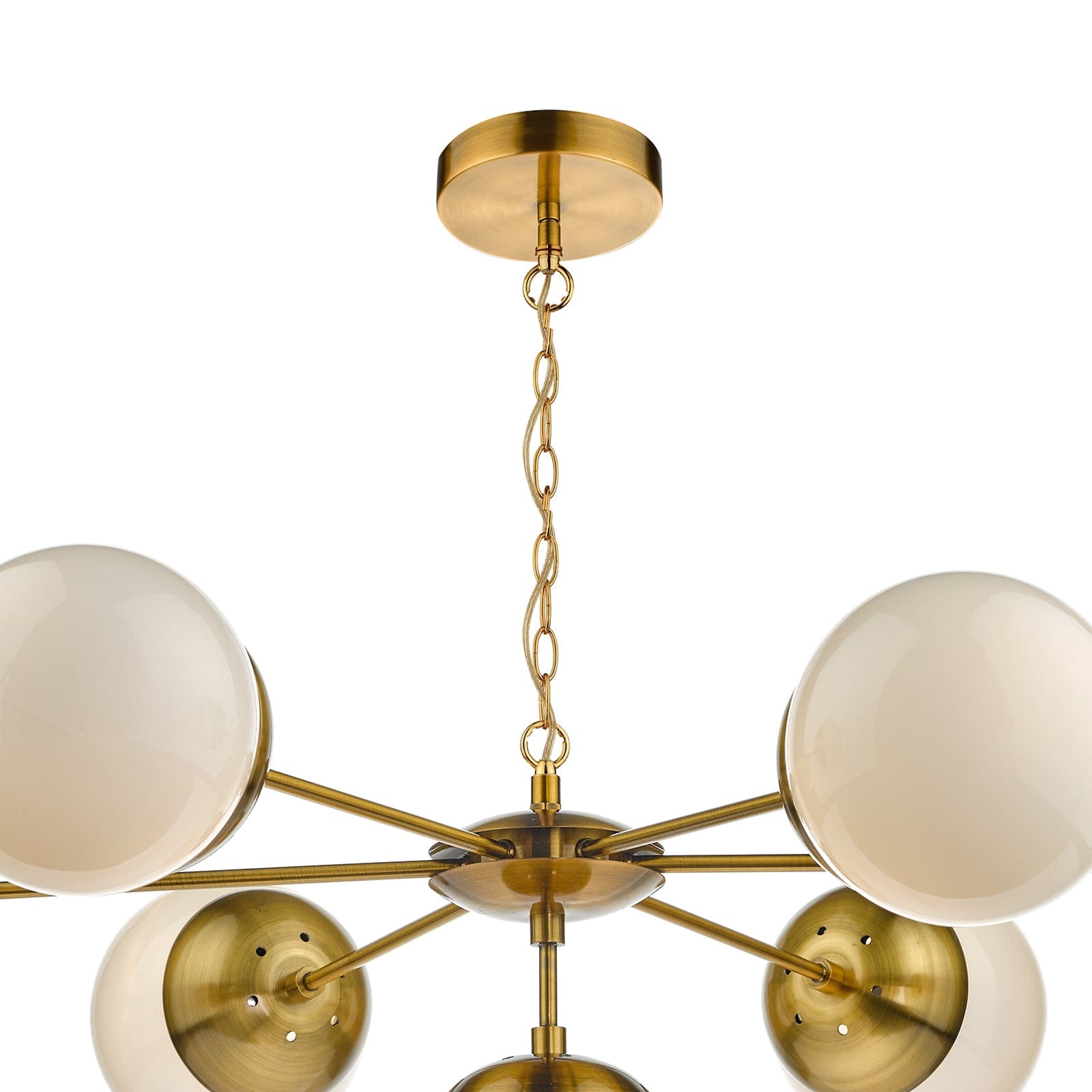 dar lighting Bombazine 7 Light Pendant Natural Brass & White Opal Glass BOM3435