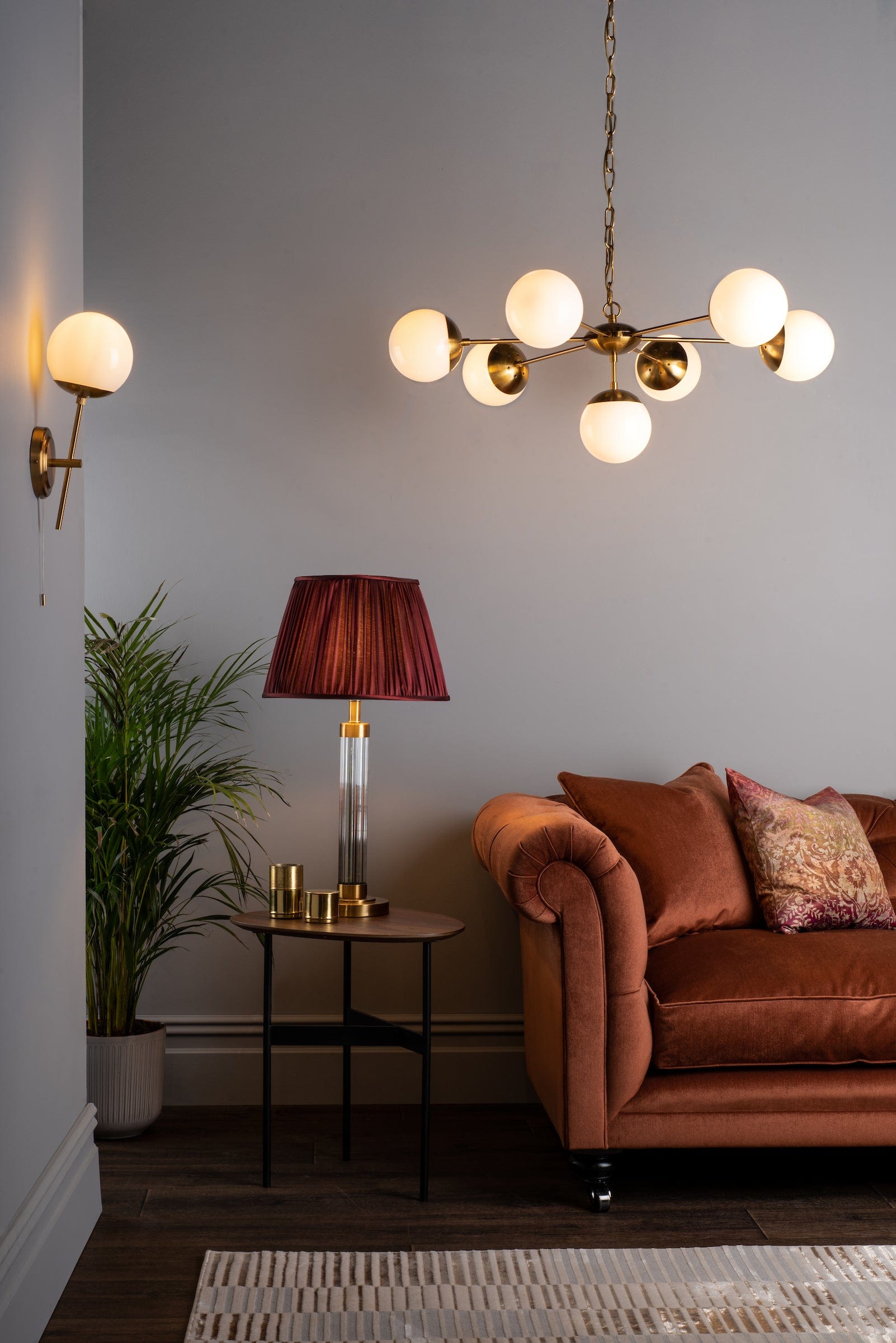 dar lighting Bombazine 7 Light Pendant Natural Brass & White Opal Glass BOM3435