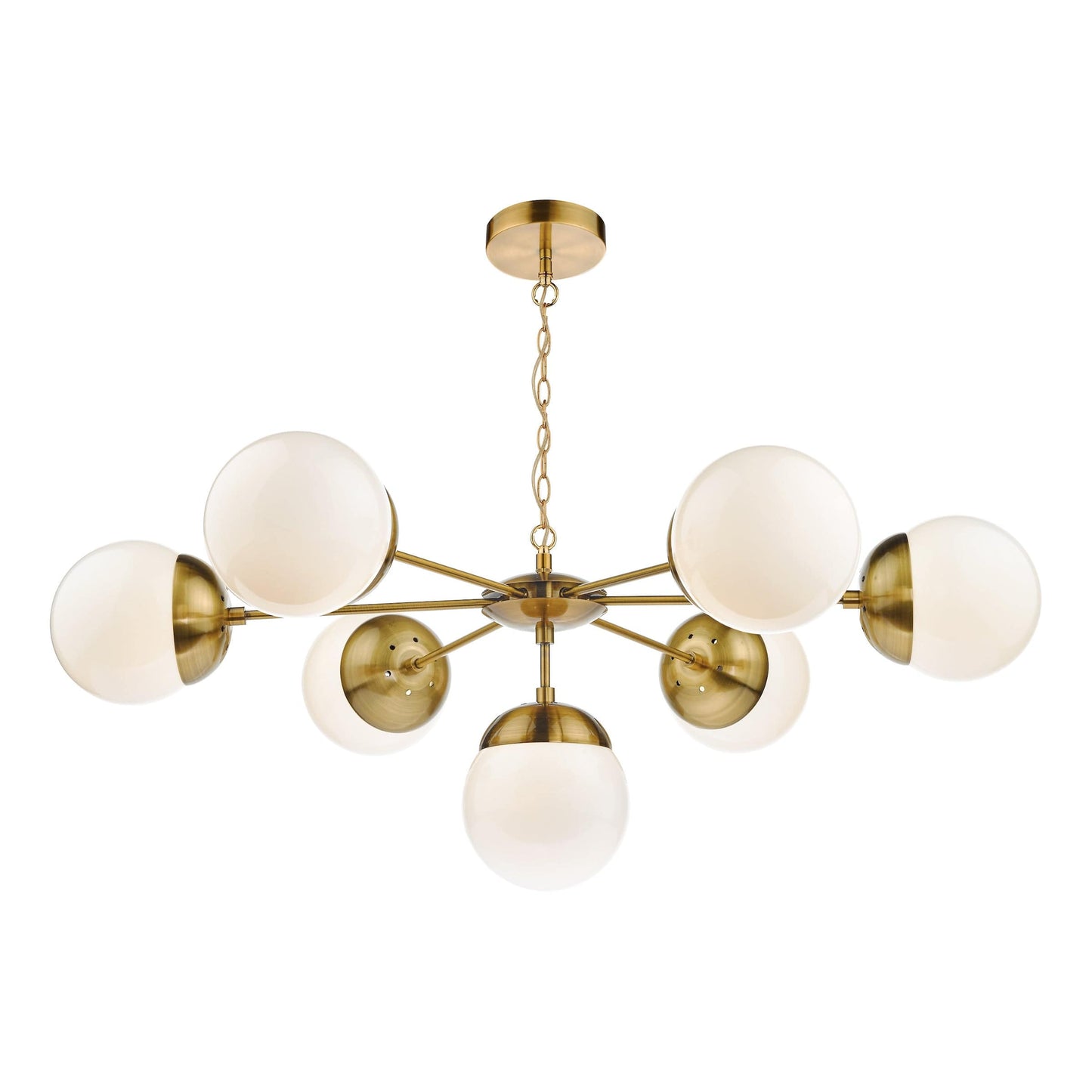 dar lighting Bombazine 7 Light Pendant Natural Brass & White Opal Glass BOM3435