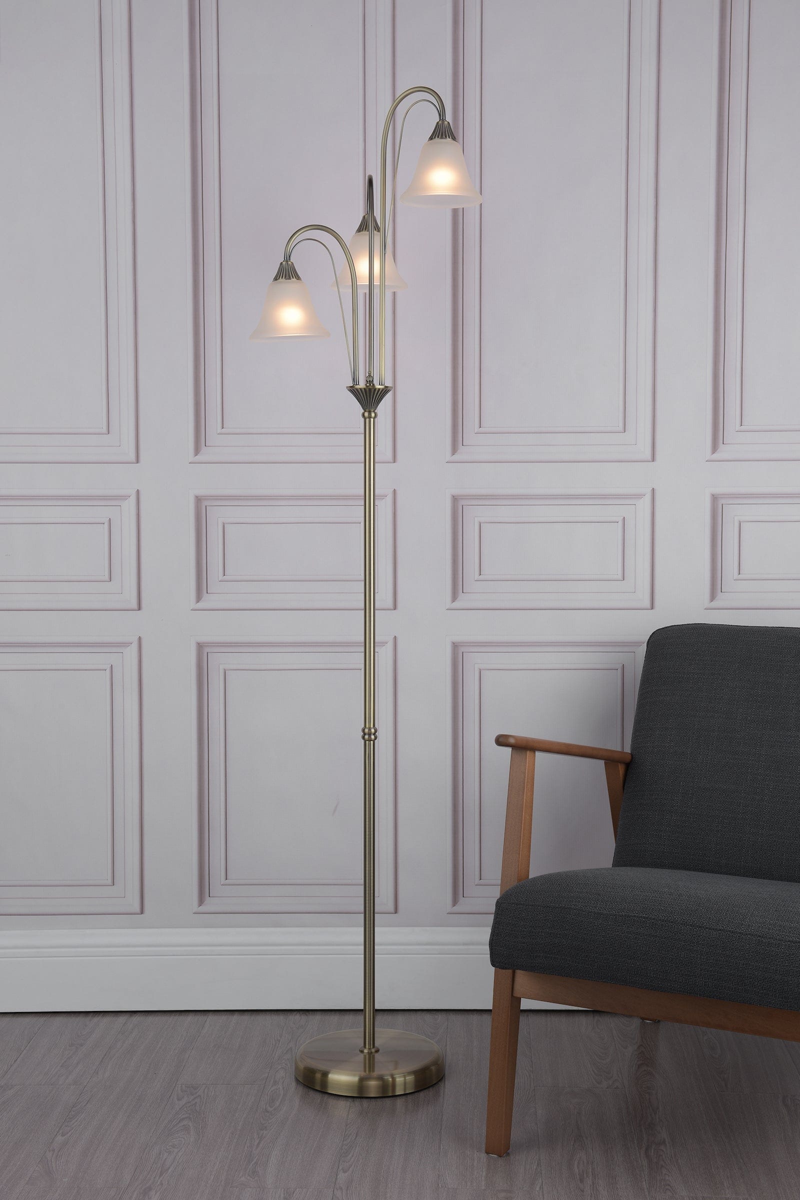 dar lighting Boston 3 Light Floor Lamp Antique Brass Opaque Glass BOS49