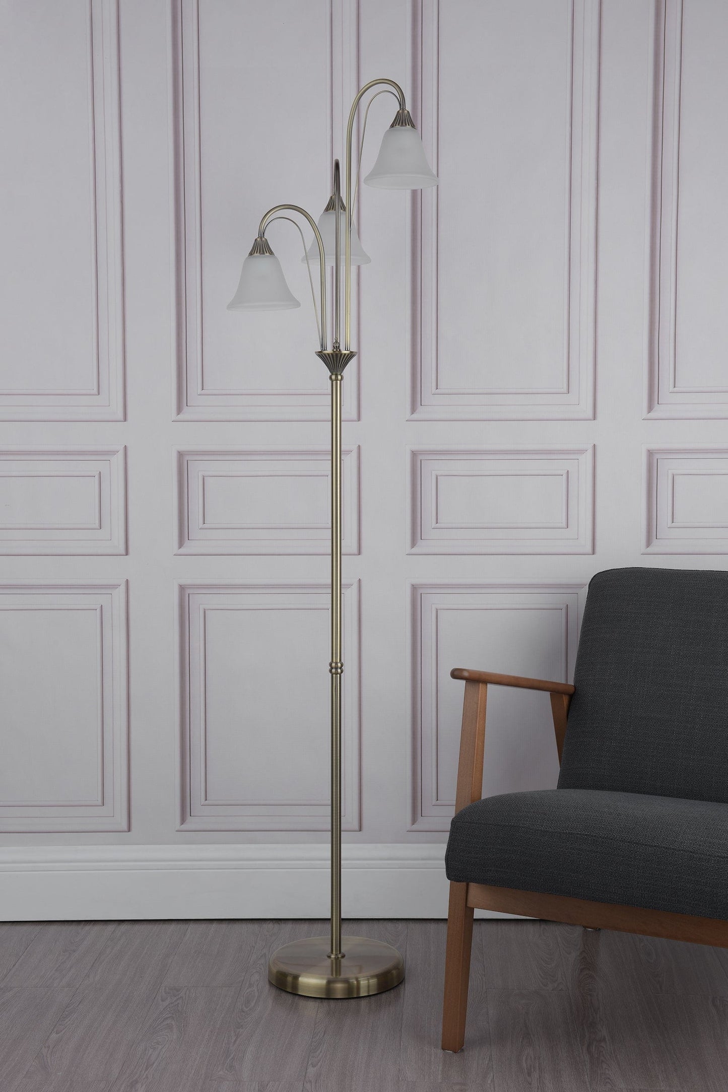 dar lighting Boston 3 Light Floor Lamp Antique Brass Opaque Glass BOS49