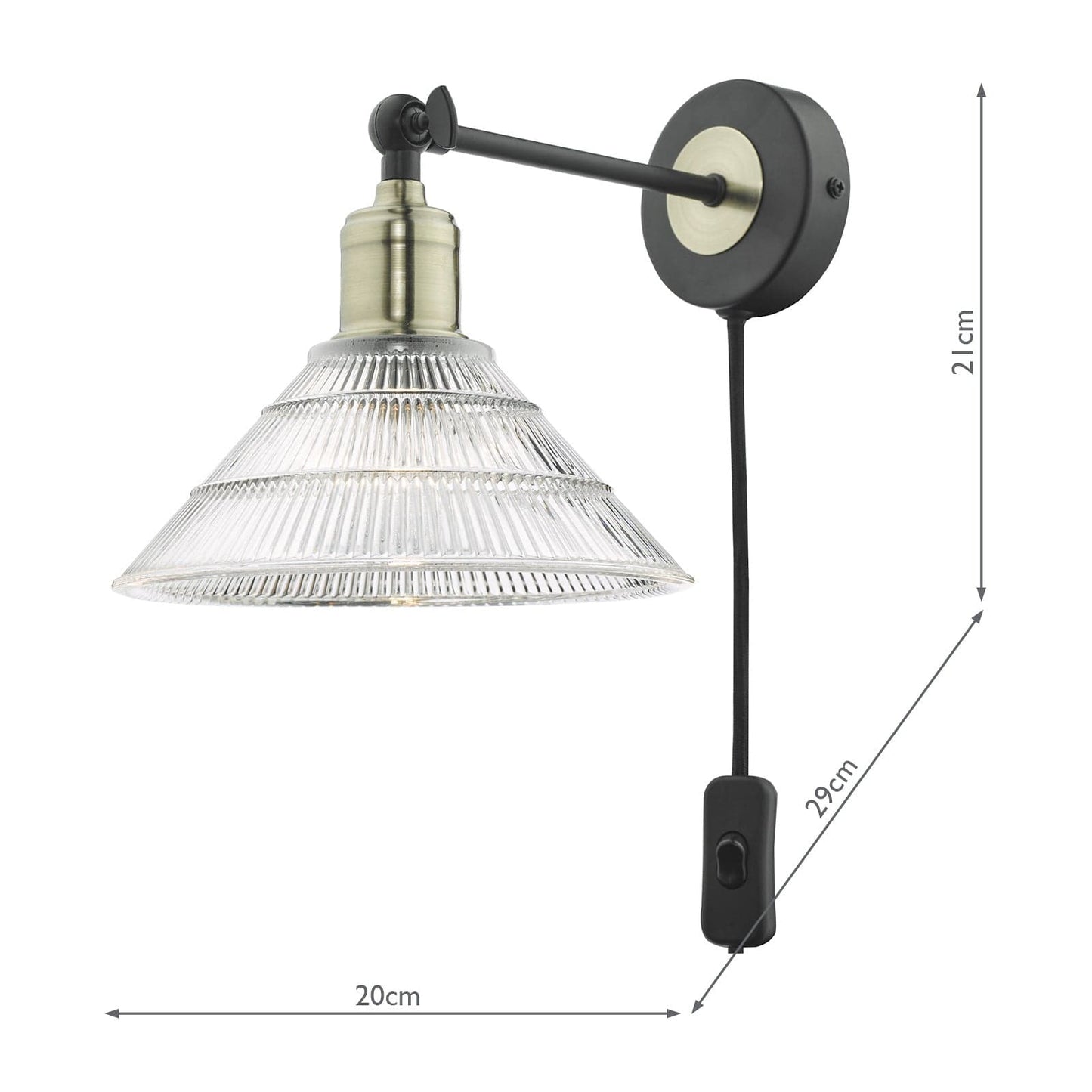 dar lighting Boyd Wall Light Antique Brass & Matt Black With Glass Shade - Plug In BOY0775