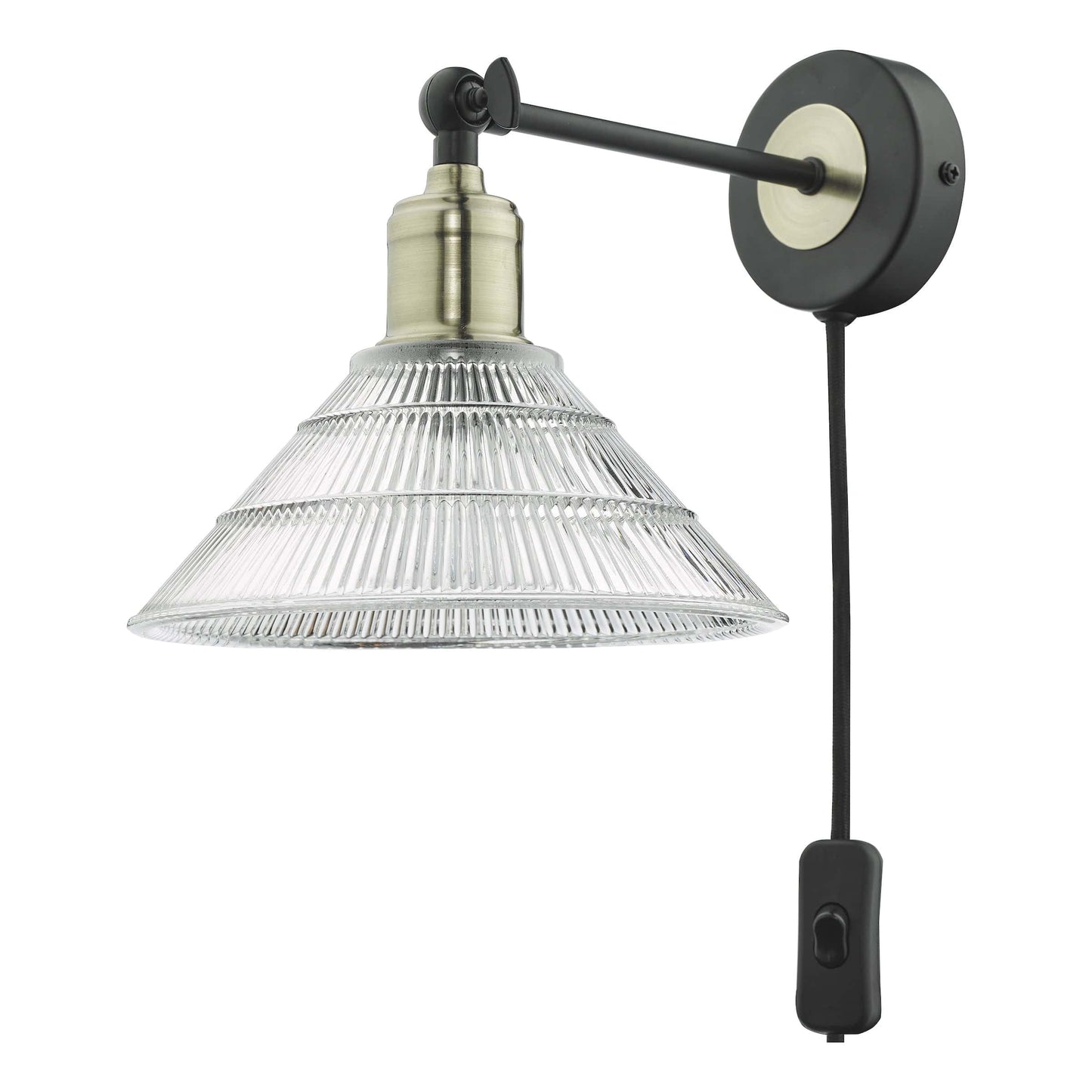 dar lighting Boyd Wall Light Antique Brass & Matt Black With Glass Shade - Plug In BOY0775