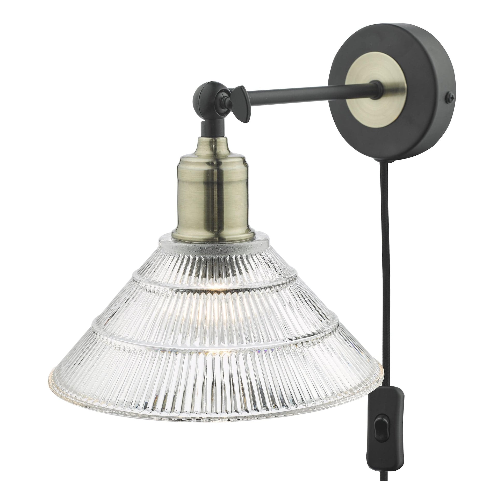 dar lighting Boyd Wall Light Antique Brass & Matt Black With Glass Shade - Plug In BOY0775