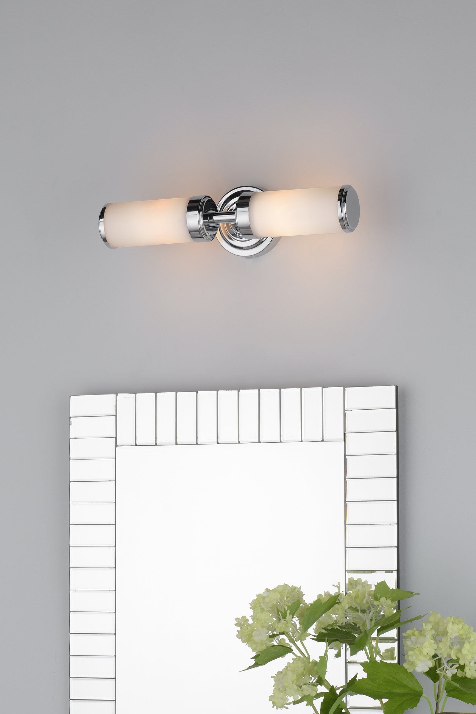 dar lighting Century Bathroom 2 Light Wall Light Polished Chrome Opal Glass IP44 CEN0950