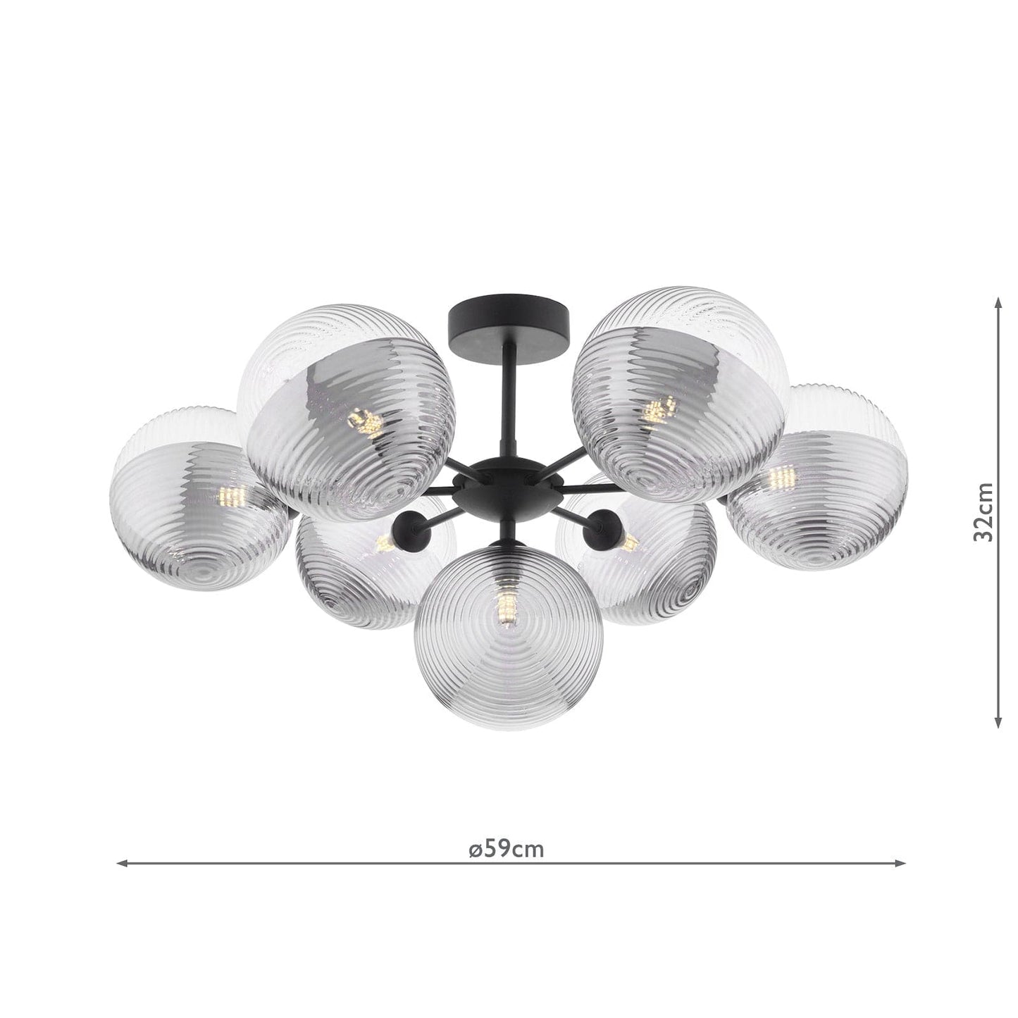 dar lighting Cohen 7 Light Semi-Flush Matt Black & Smoked/Clear Ribbed Glass COH3422-19