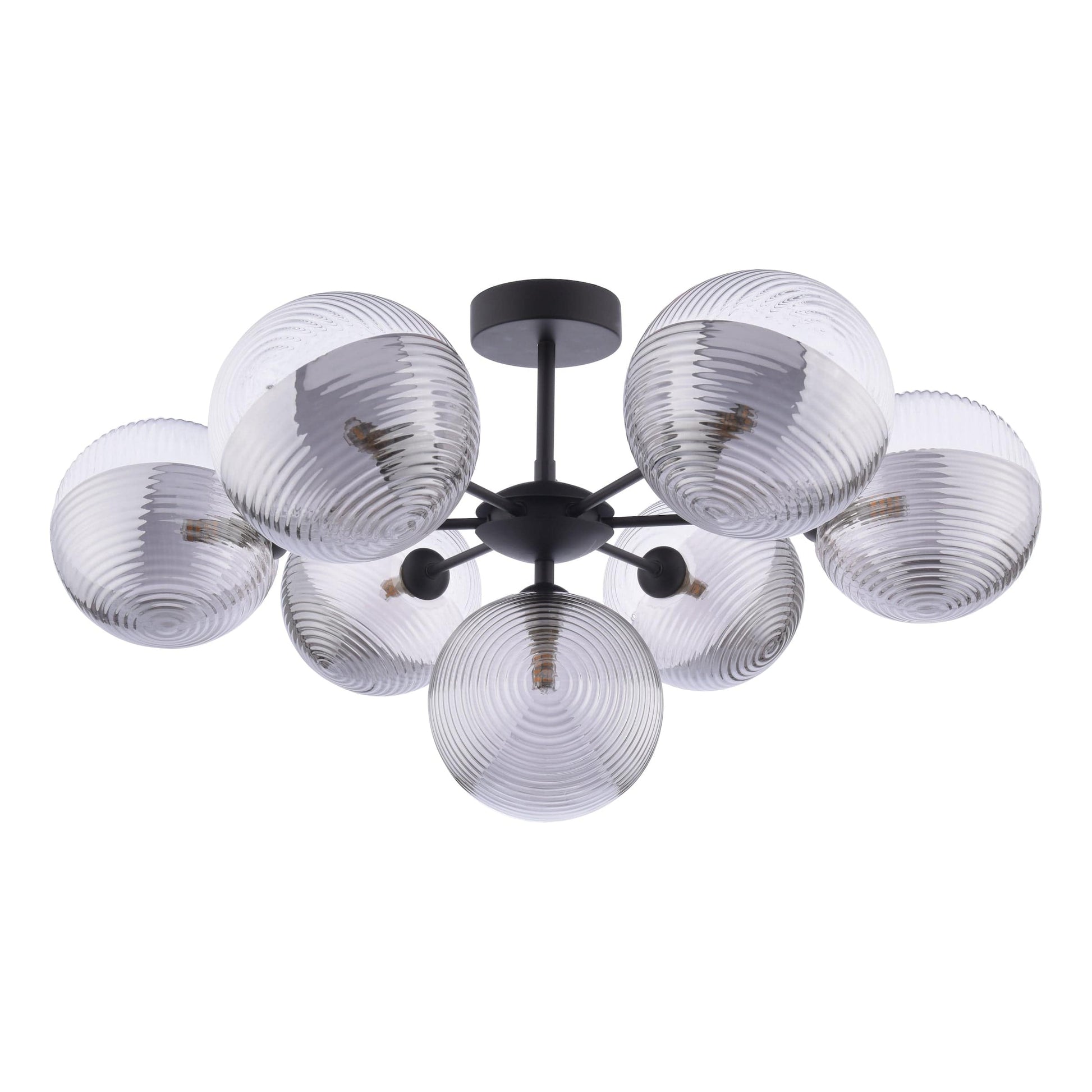 dar lighting Cohen 7 Light Semi-Flush Matt Black & Smoked/Clear Ribbed Glass COH3422-19