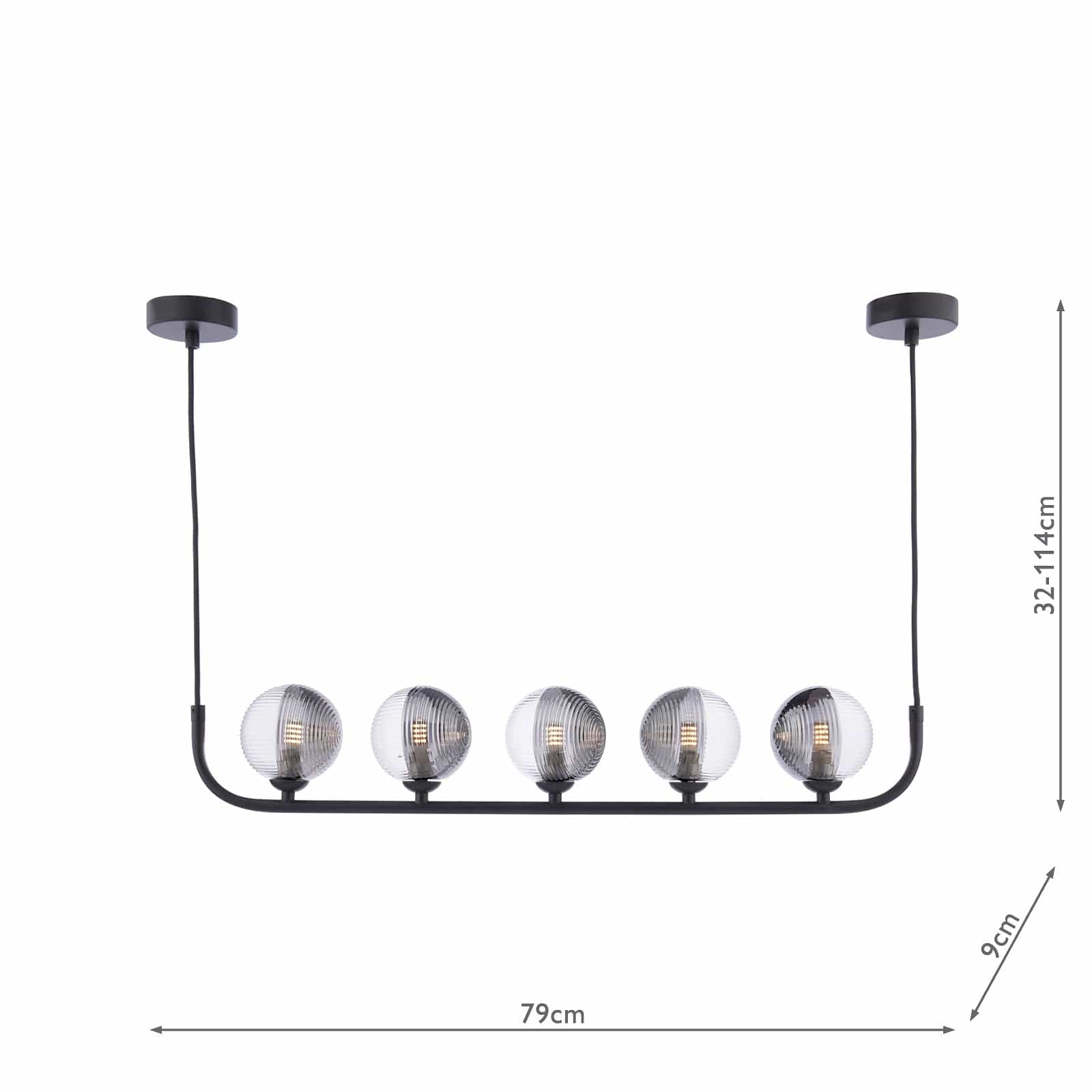 dar lighting Cradle 5 Light Bar Pendant Matt Black & Smoked/Clear Ribbed Glass CRA0522-18