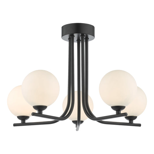 dar lighting Cradle 5 Light Semi Flush Matt Black Opal Glass CRA5422-02