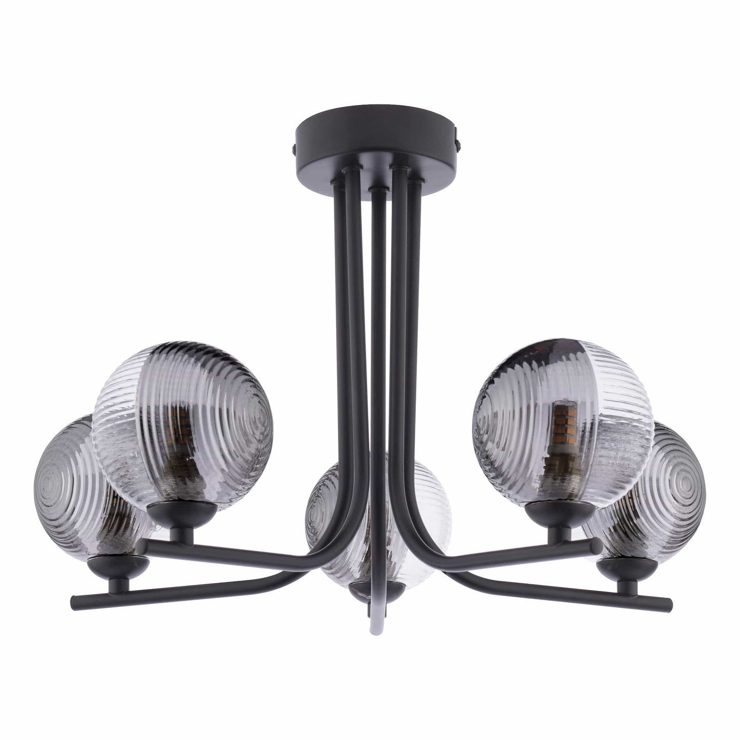 dar lighting Cradle 5 Light Semi-Flush Matt Black & Smoked/Clear Ribbed Glass CRA5422-18