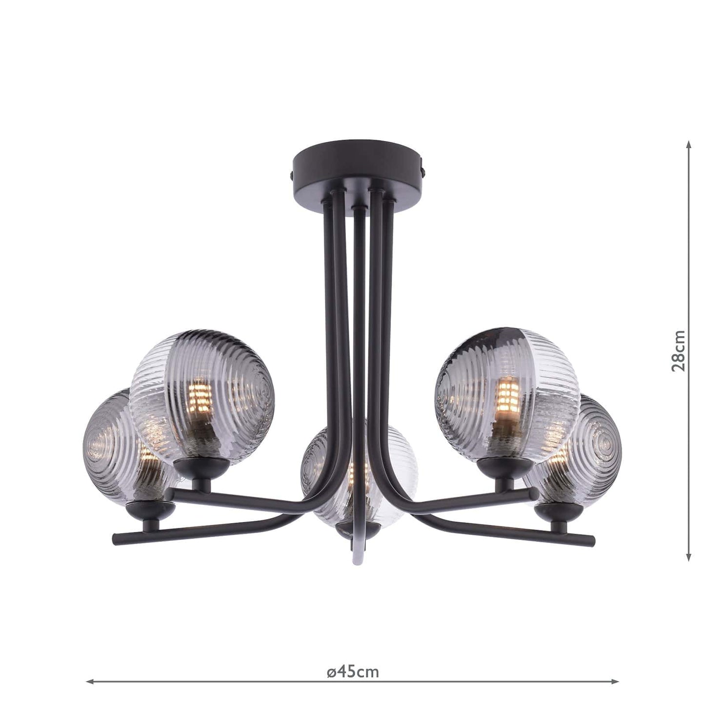 dar lighting Cradle 5 Light Semi-Flush Matt Black & Smoked/Clear Ribbed Glass CRA5422-18