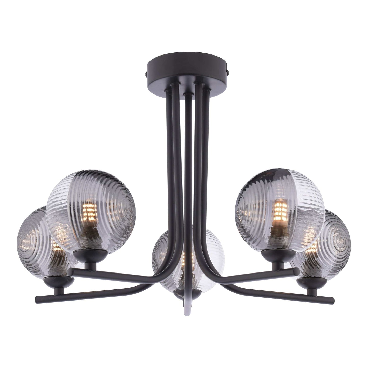 dar lighting Cradle 5 Light Semi-Flush Matt Black & Smoked/Clear Ribbed Glass CRA5422-18