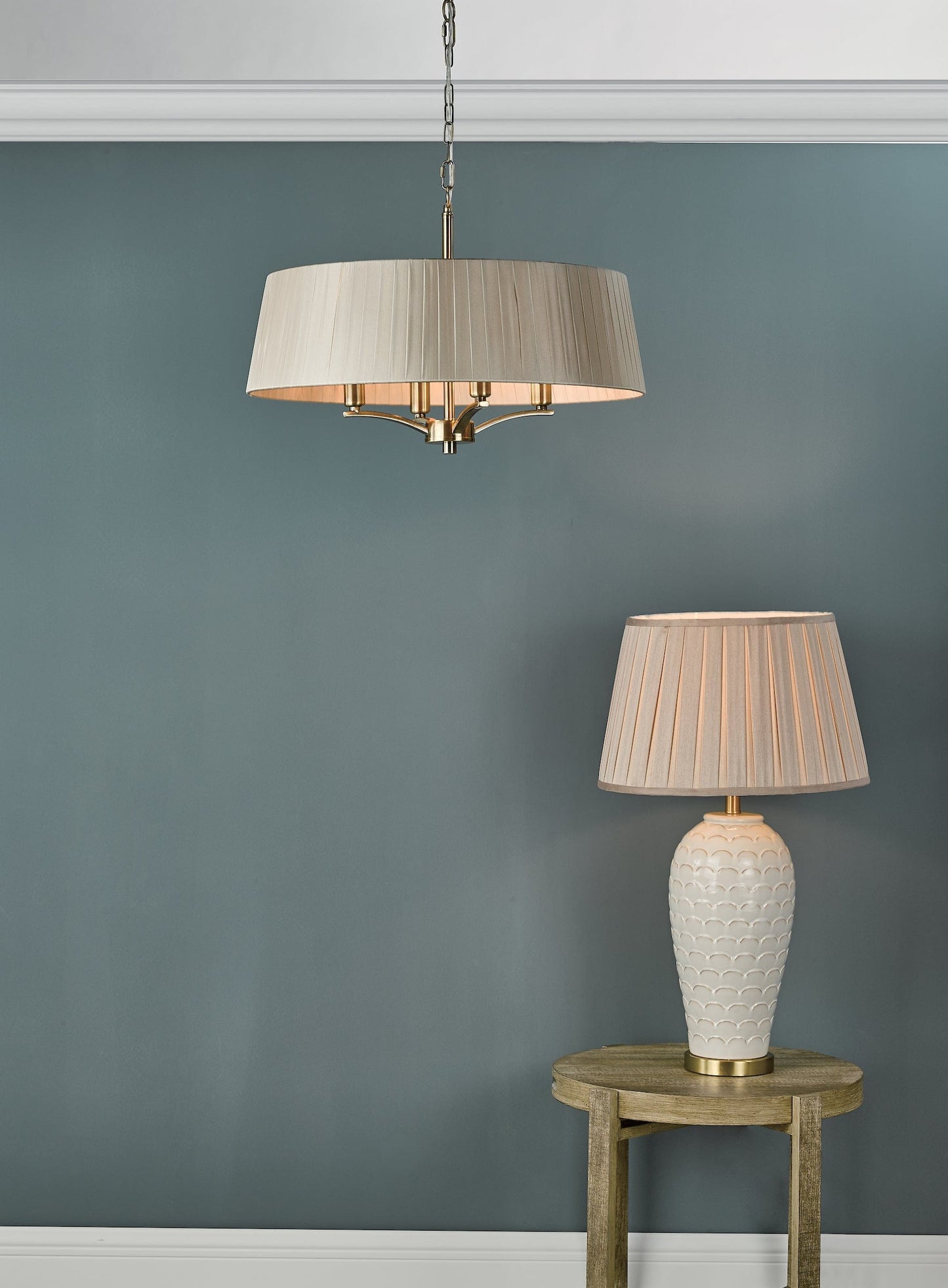 dar lighting Cristin 4 Light Pendant Antique Brass With Taupe Shade CRI0429