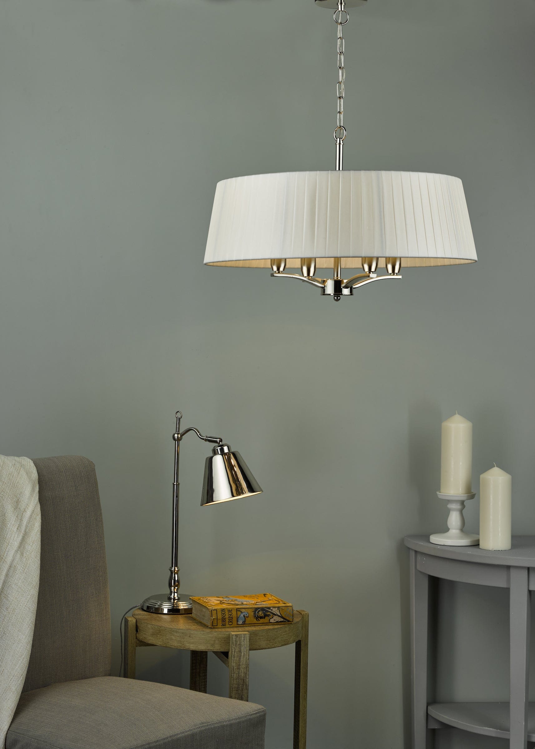 dar lighting Cristin 4 Light Pendant Polished Nickel With Ivory Shade CRI042