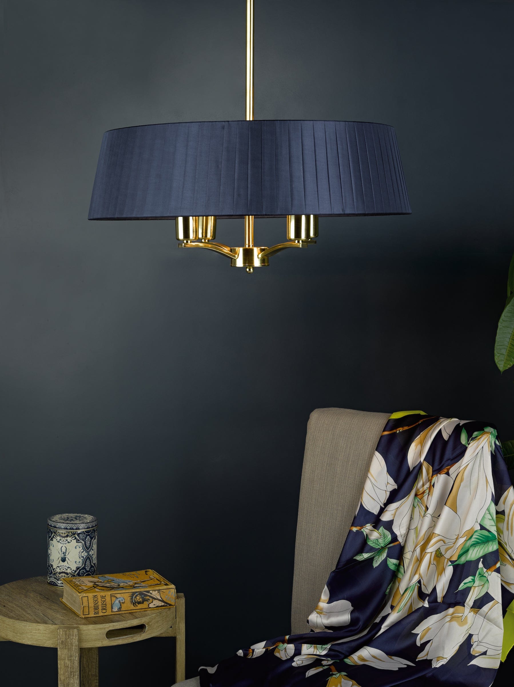 dar lighting Cristin 4 Light Pendant Satin Brass With Navy Shade CRI0423