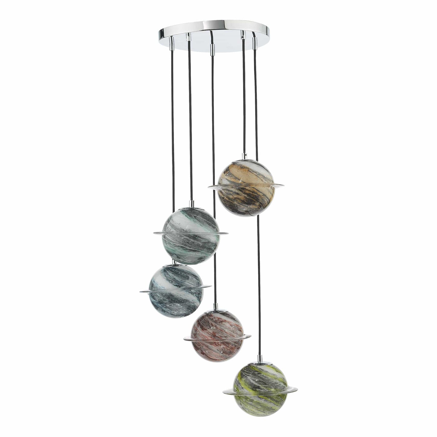 dar lighting Cygnus 5 Light Cluster Pendant Polished Chrome and Planet Style Glass CYG0555