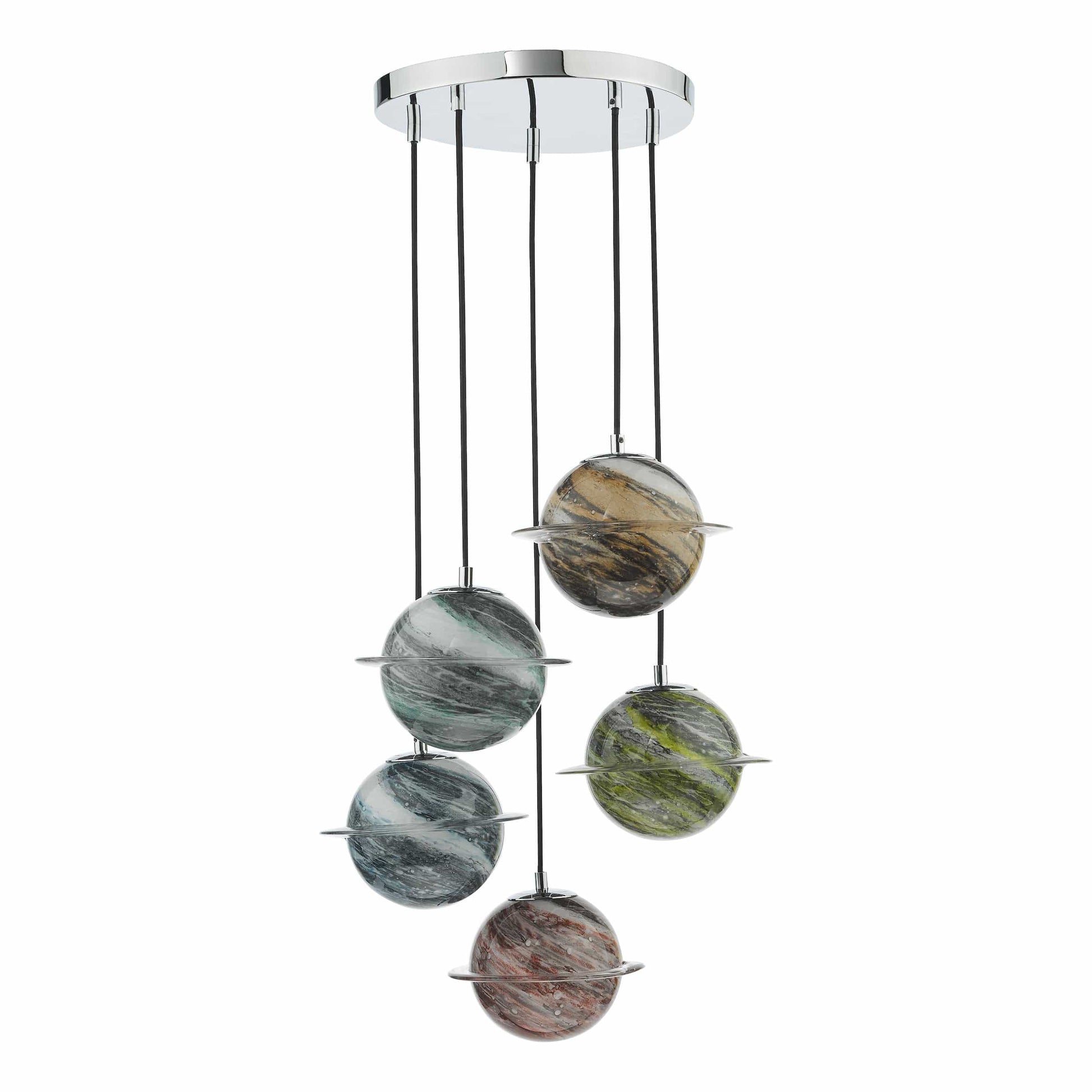 dar lighting Cygnus 5 Light Cluster Pendant Polished Chrome and Planet Style Glass CYG0555